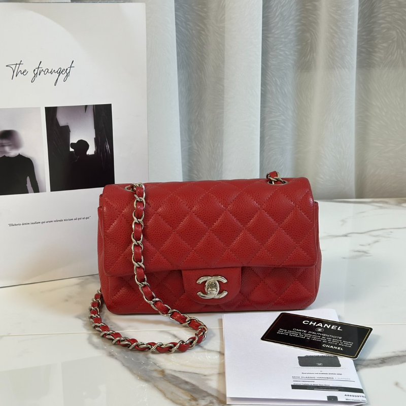 CHANEL 經典口蓋包Mini CF20 - 粒面牛皮紅銀18開-7