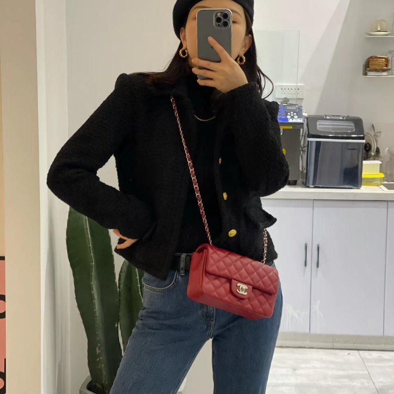 CHANEL 經典口蓋包Mini CF20 - 粒面牛皮紅銀18開-8