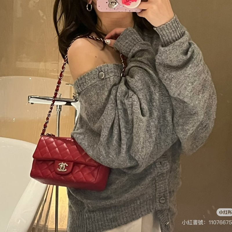 CHANEL 經典口蓋包Mini CF20 - 粒面牛皮紅銀18開-9