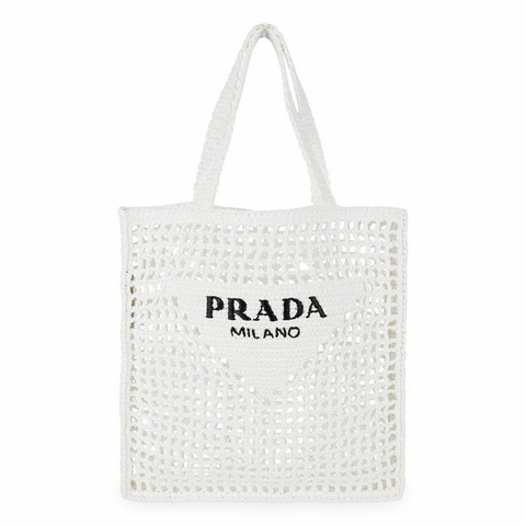 PRADA 三角形Logo鉤編手提袋（白色）印章：1BG393 2C2T F0009