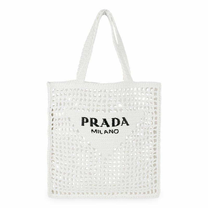 PRADA 三角形Logo鉤編手提袋（白色）印章：1BG393 2C2T F0009-0