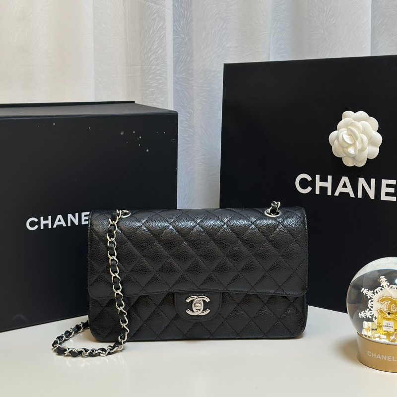 CHANEL 經典口蓋包 CF25 - 粒面牛皮黑銀-0