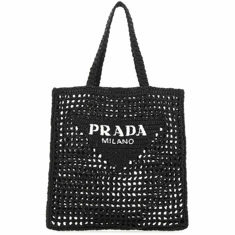 PRADA 黑色刺繡Logo鉤編手提包