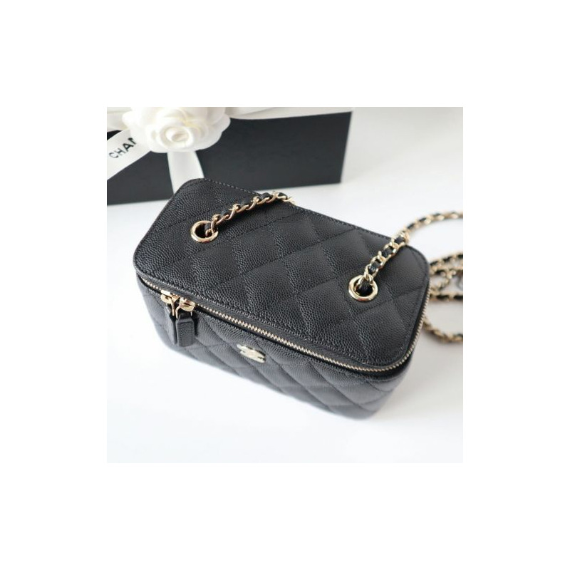 CHANEL 經典長方形魚子醬黑色迷你化妝包卡包WOC-3