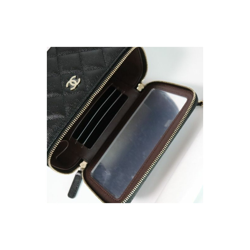 CHANEL 經典長方形魚子醬黑色迷你化妝包卡包WOC-4