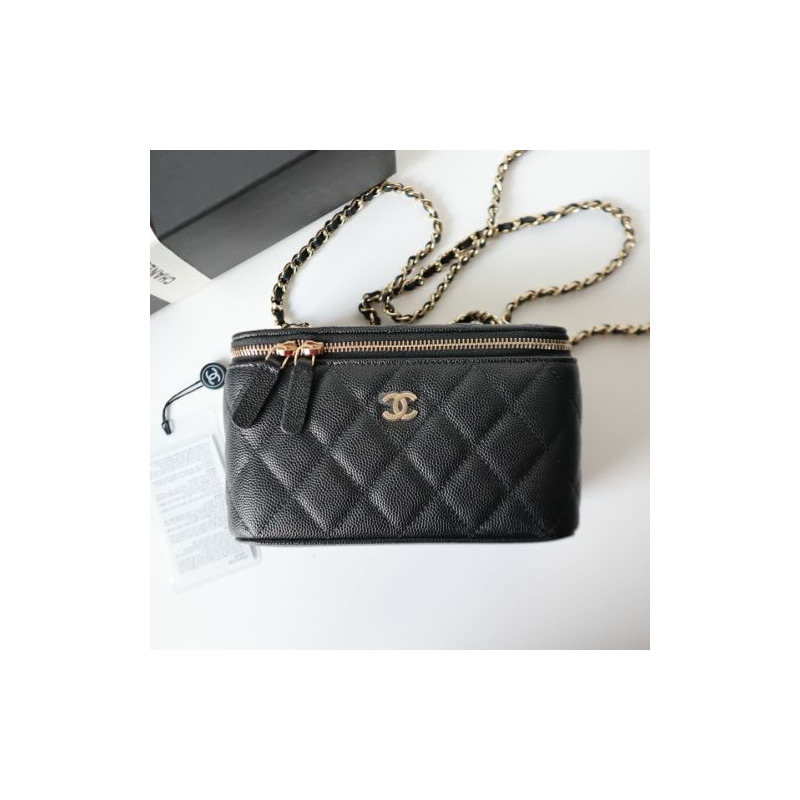 CHANEL 經典長方形魚子醬黑色迷你化妝包卡包WOC-6