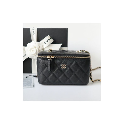 CHANEL 經典長方形魚子醬黑色迷你化妝包卡包WOC