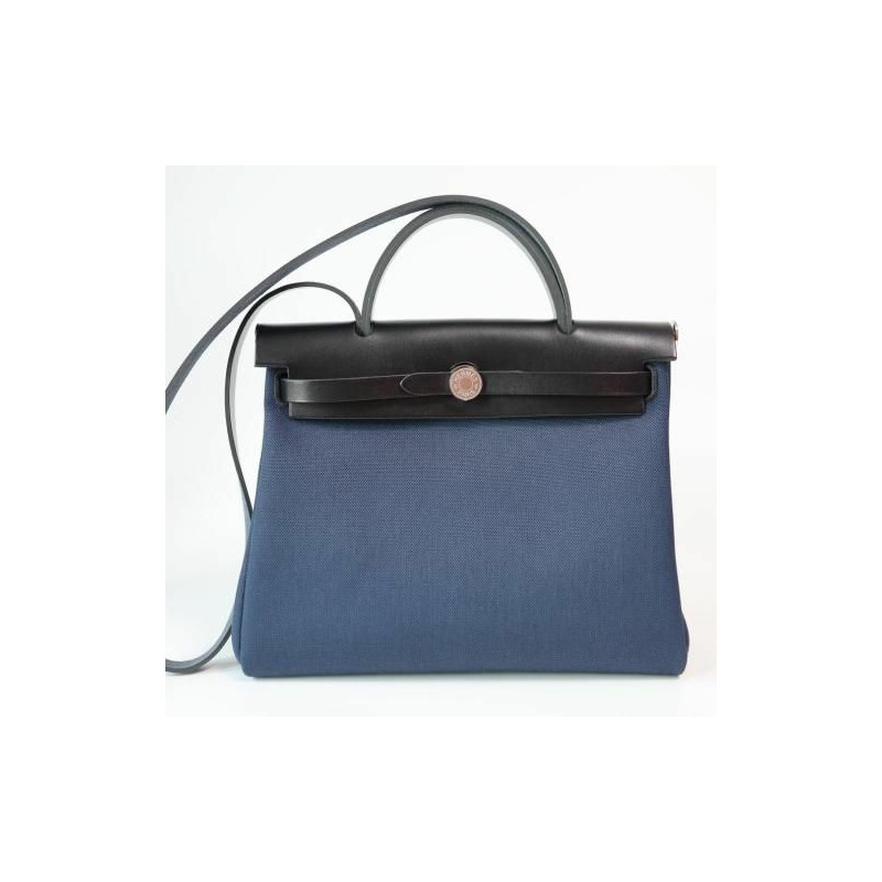 HERMES Herbag 31 ZIP 帆布包，海軍藍/黑色，銀色五金件，編號 H078971CKAM-1
