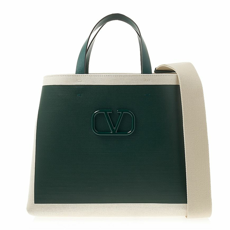 VALENTINO 標誌性 V 字 Logo 帆布皮革手提包-0