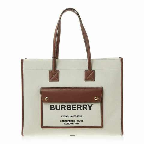 BURBERRY 中型雙色帆布皮革 Freya 手提包，附口袋細節 A1395