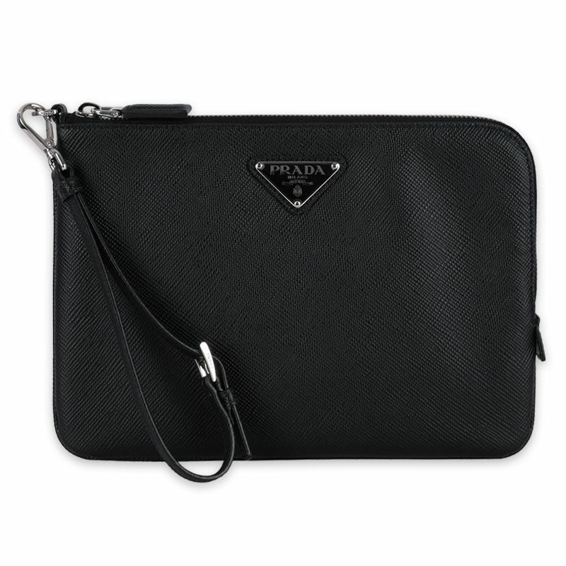 PRADA S/S 三角形 Logo Saffiano 小號皮革手拿包（黑色）2NH024 2FAD F0002-0