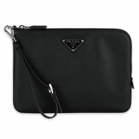 PRADA S/S 三角形 Logo Saffiano 小號皮革手拿包（黑色）2NH024 2FAD F0002