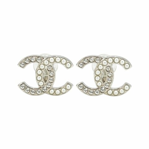 Chanel 銀框水鑽珍珠夾式耳環(ABG433-銀)