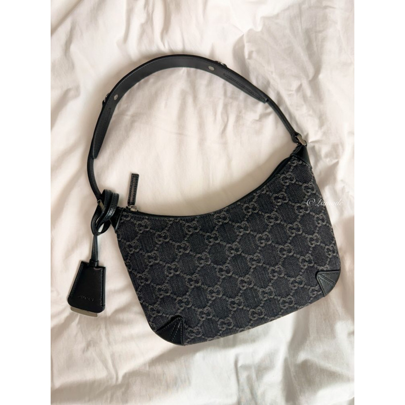 GUCCI 馬銜扣纖薄小號單肩包 黑色 灰色 牛仔布 774719 FACZ1 4952-0