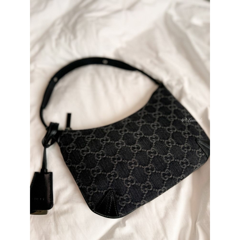 GUCCI 馬銜扣纖薄小號單肩包 黑色 灰色 牛仔布 774719 FACZ1 4952-1