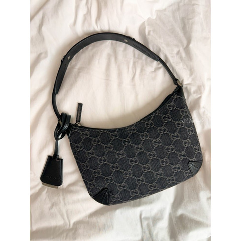 GUCCI 馬銜扣纖薄小號單肩包 黑色 灰色 牛仔布 774719 FACZ1 4952