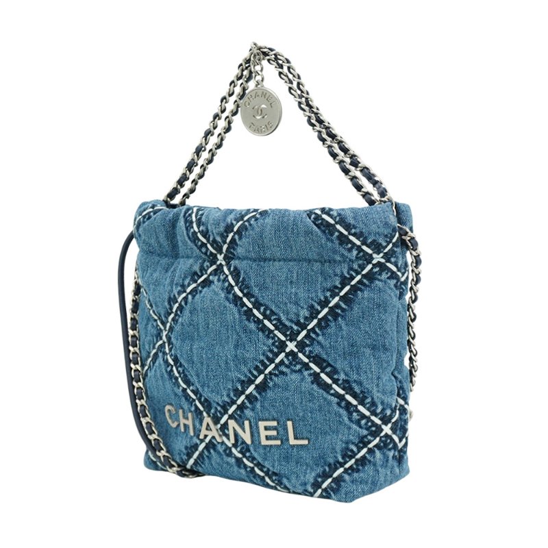 Chanel 展示品 22 mini 銀Logo白色粗縫線牛仔布斜背包(AS3980-牛仔藍)-1