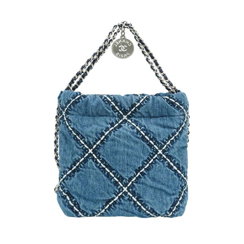 Chanel 展示品 22 mini 銀Logo白色粗縫線牛仔布斜背包(AS3980-牛仔藍)-2