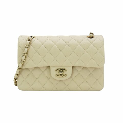 Chanel 展示品 菱格粒紋牛皮淡金鍊翻蓋coco斜背包-23cm(A01113-米膚)