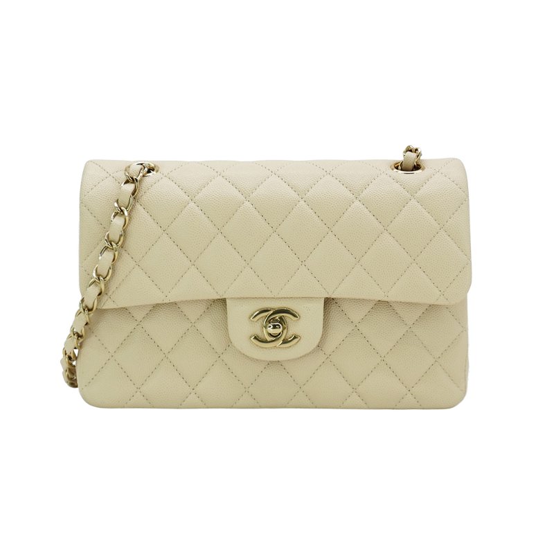 Chanel 展示品 菱格粒紋牛皮淡金鍊翻蓋coco斜背包-23cm(A01113-米膚)-0