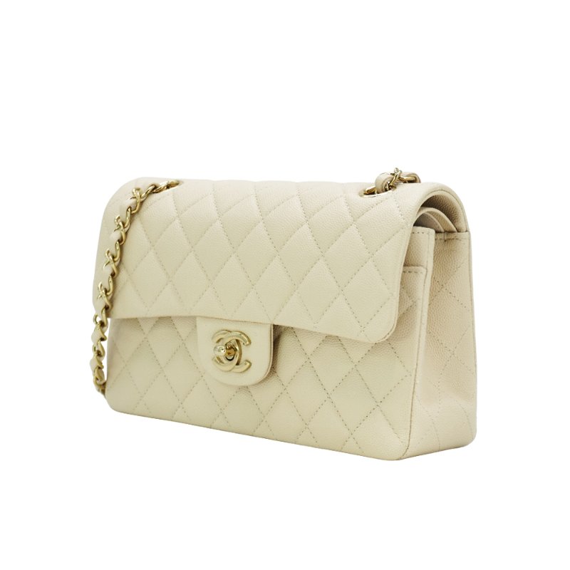 Chanel 展示品 菱格粒紋牛皮淡金鍊翻蓋coco斜背包-23cm(A01113-米膚)-1