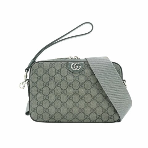 Gucci 展示品  GG Supreme帆布拉鍊斜背相機包(699439-灰)