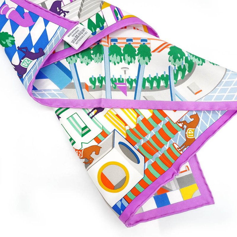 Hermes Horse Club 45 馬術俱樂部黑邊絲巾/方巾(紫/藍/橘)-1