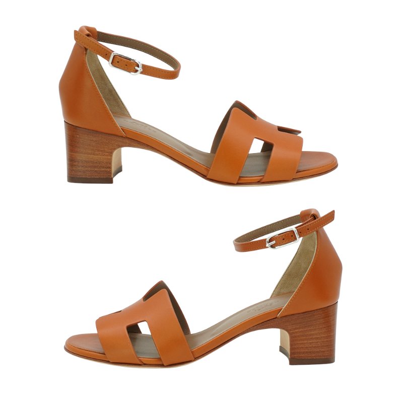 Hermes 展示品 Encens 50 小牛皮H鞋面低跟涼鞋#37(自然色)-4