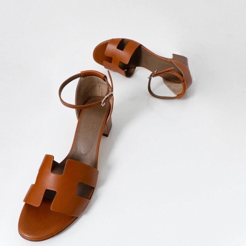 Hermes 展示品 Encens 50 小牛皮H鞋面低跟涼鞋#37(自然色)-0