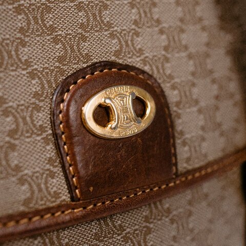 🧠小浮気見世物小屋🧠法國製🇫🇷 Celine Macadam凱旋門老花橢圓金標 手提托特包｜奶茶棕 × 蜜蠟色植鞣革真皮滾邊