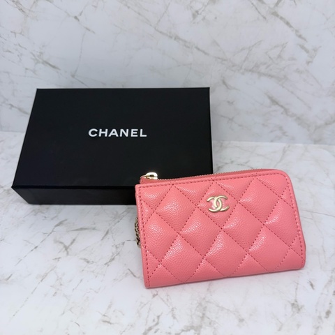 CHANEL粉色淡金L型零錢包/晶片