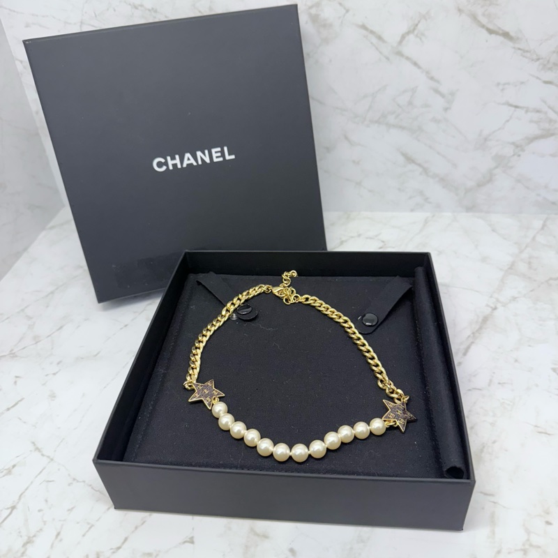 CHANEL金色黑彩星星配珍珠項鍊-0