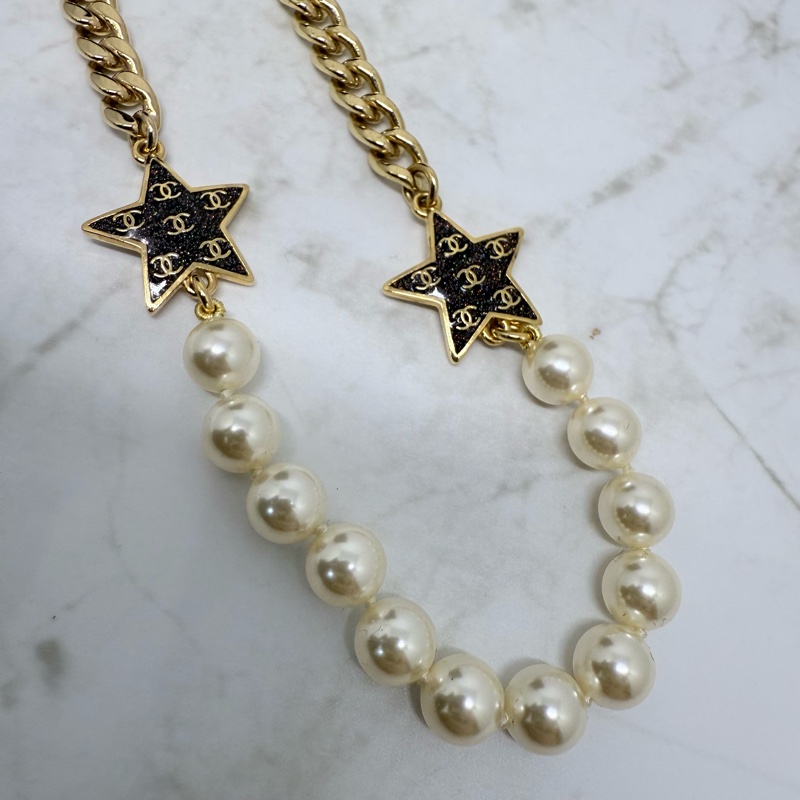 CHANEL金色黑彩星星配珍珠項鍊-2