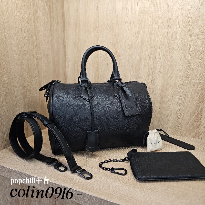 [未使用極新好物❣️極致黑款] LV黑牛皮Speedy30 P9消光黑釦手提斜背波士頓包-0