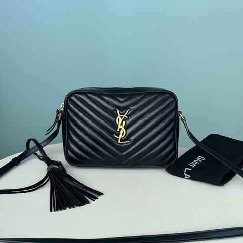 YSL聖羅蘭黑金中號牛皮V紋相機包斜挎包