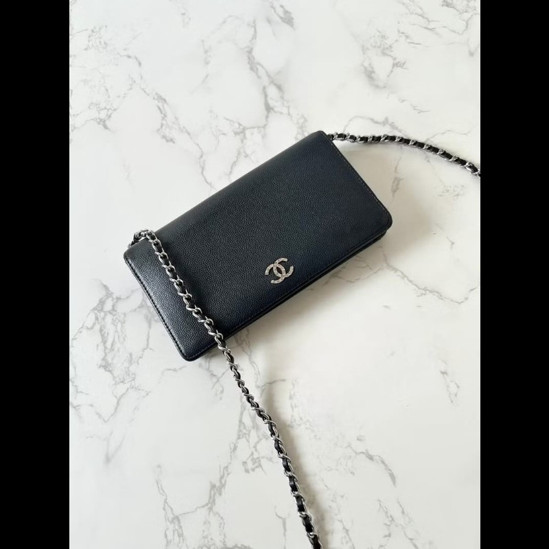 【LA LUNE】中古二手Chanel黑色魚子醬皮革WOC長夾錢包斜背側孭單肩鏈條手袋-0