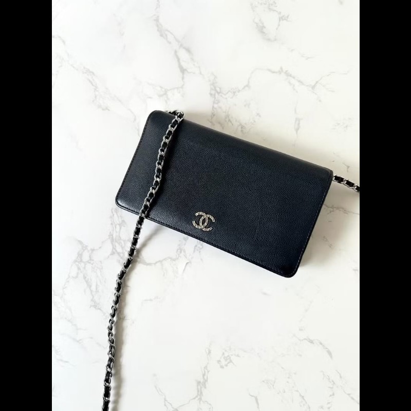 【LA LUNE】中古二手Chanel黑色魚子醬皮革WOC長夾錢包斜背側孭單肩鏈條手袋-1