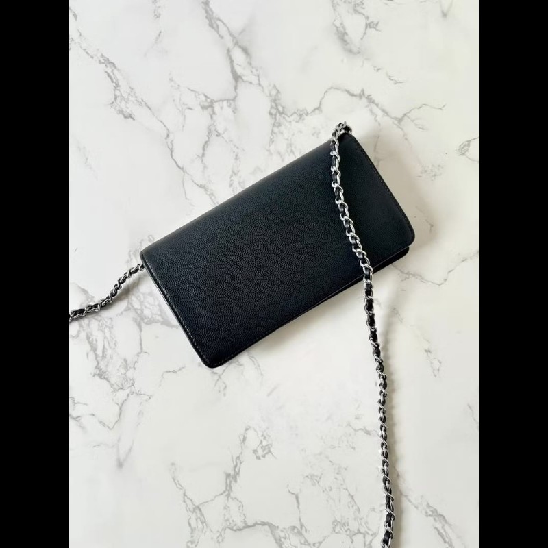 【LA LUNE】中古二手Chanel黑色魚子醬皮革WOC長夾錢包斜背側孭單肩鏈條手袋-2
