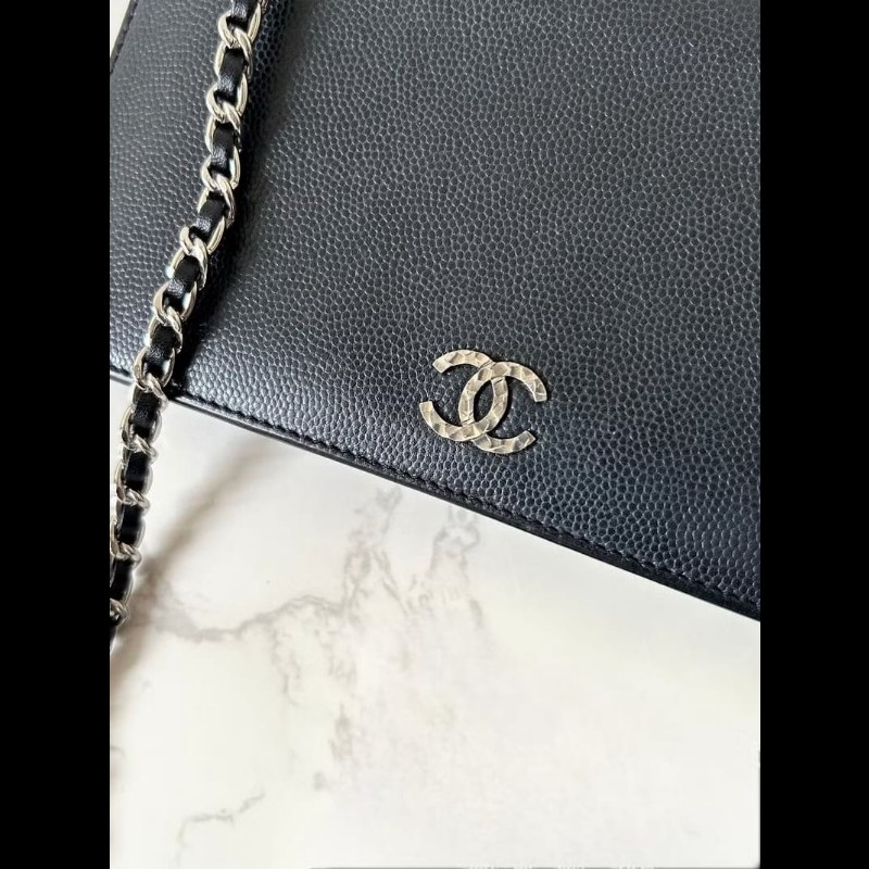 【LA LUNE】中古二手Chanel黑色魚子醬皮革WOC長夾錢包斜背側孭單肩鏈條手袋-3