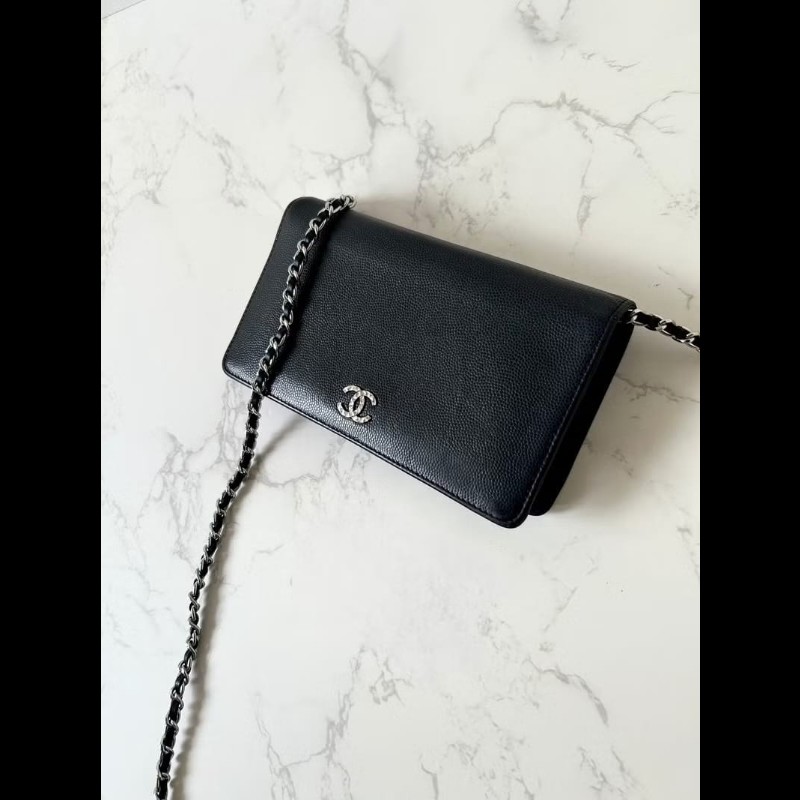 【LA LUNE】中古二手Chanel黑色魚子醬皮革WOC長夾錢包斜背側孭單肩鏈條手袋-4