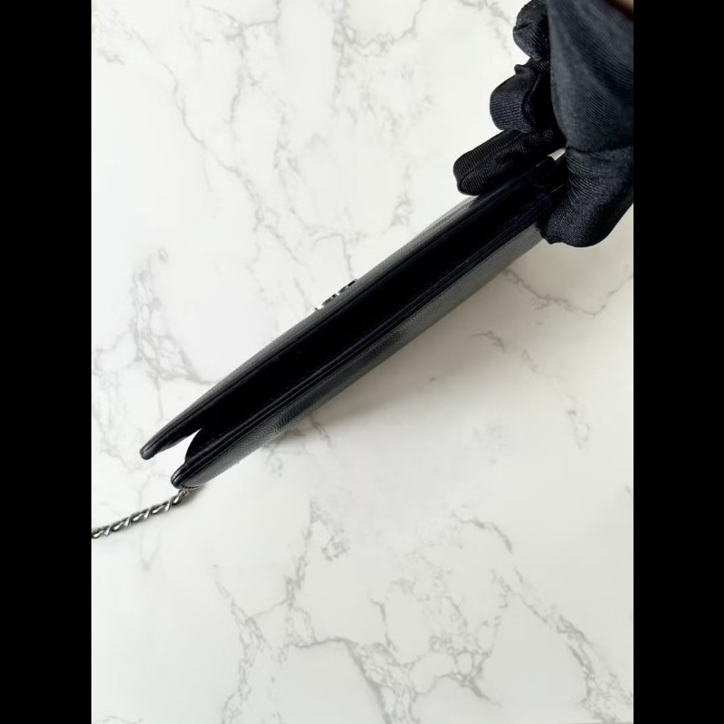 【LA LUNE】中古二手Chanel黑色魚子醬皮革WOC長夾錢包斜背側孭單肩鏈條手袋-5