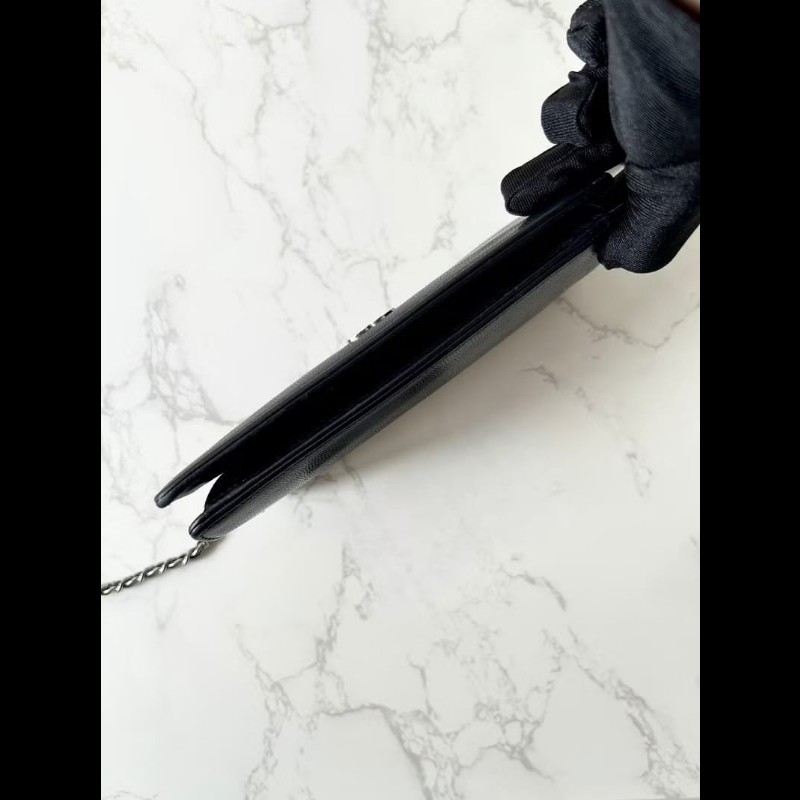 【LA LUNE】中古二手Chanel黑色魚子醬皮革WOC長夾錢包斜背側孭單肩鏈條手袋-6