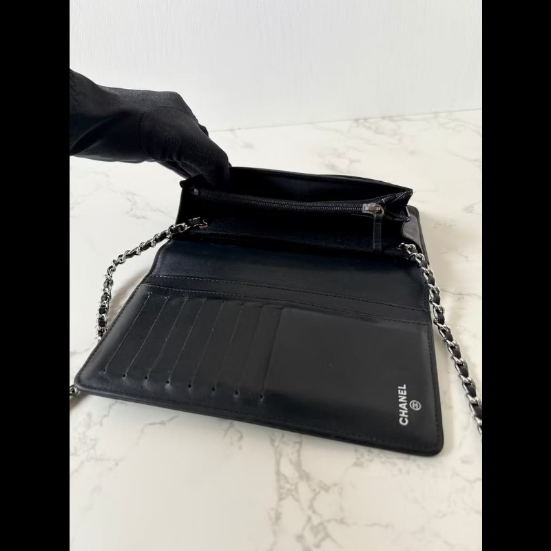 【LA LUNE】中古二手Chanel黑色魚子醬皮革WOC長夾錢包斜背側孭單肩鏈條手袋-7
