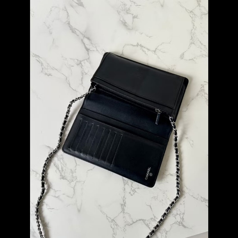 【LA LUNE】中古二手Chanel黑色魚子醬皮革WOC長夾錢包斜背側孭單肩鏈條手袋-8