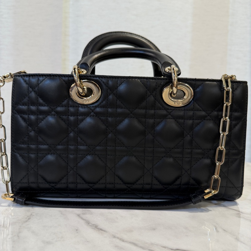 Dior 黑羊皮淡金釦Lady DJOY中型手提斜背包-7