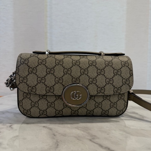 Gucci PVC奶茶牛皮霧銀釦Double GG手提斜背包