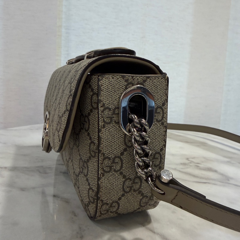Gucci PVC奶茶牛皮霧銀釦Double GG手提斜背包-1