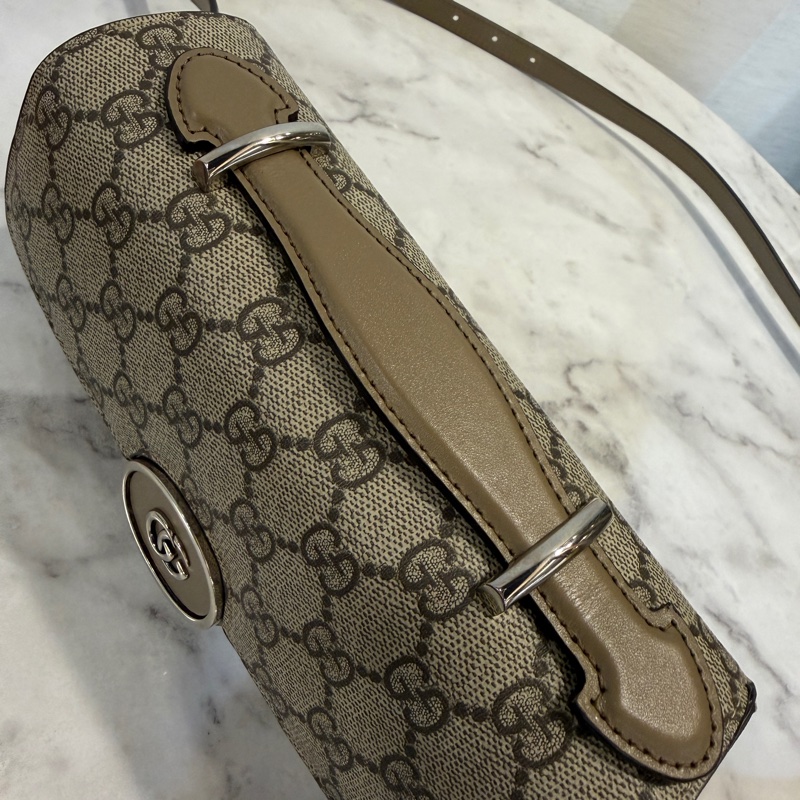 Gucci PVC奶茶牛皮霧銀釦Double GG手提斜背包-2