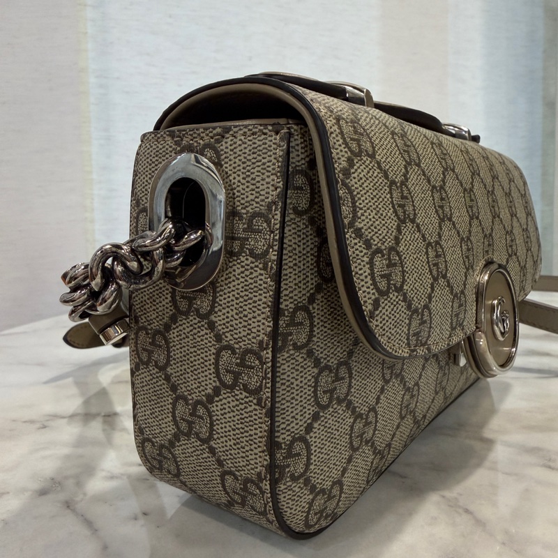Gucci PVC奶茶牛皮霧銀釦Double GG手提斜背包-6