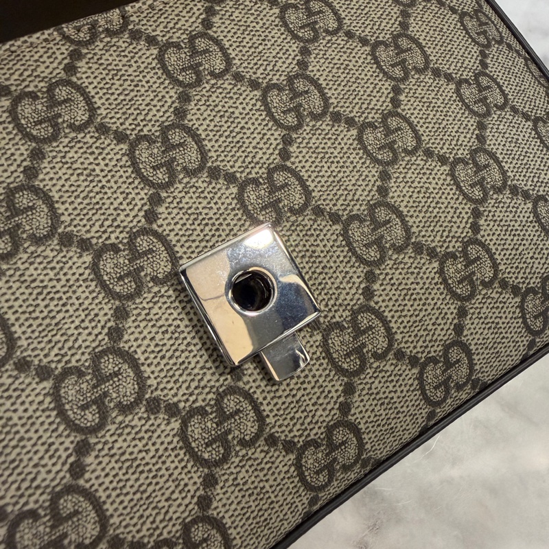 Gucci PVC奶茶牛皮霧銀釦Double GG手提斜背包-10